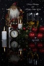 Two glasses with champagne,clock and Christmas ornaments Royalty Free Stock Photo