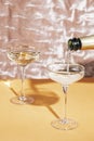 Two glasses of champagne on a coral pink background and a bottle of champagne, copy space Royalty Free Stock Photo