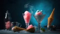 Two glasses of champagne with cotton candy on black background, Generative ai Royalty Free Stock Photo