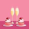 Two glasses of champagne and cupcakes. Love concept, vector illustration. Royalty Free Stock Photo