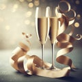 two glasses of champagne with elegantly curved divine gift ribbon as decoration with text area. ai generative