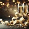 two glasses of champagne with elegantly curved divine gift ribbon as decoration with text area. ai generative