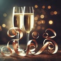 two glasses of champagne with elegantly curved divine gift ribbon as decoration with text area. ai generative
