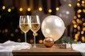 Two glasses of champagne and gift box on the wooden table with party ornament and balloons in white and gold colors, with Royalty Free Stock Photo