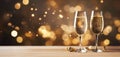 Two glasses of champagne with glittering lights and serpentine. Bokeh effect. New Year\'s Eve, night celebration concept. Royalty Free Stock Photo