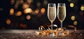 Two glasses of champagne with glittering lights and serpentine. Bokeh effect. New Year\'s Eve, night celebration concept. Royalty Free Stock Photo