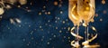 Two glasses of champagne with golden confetti, glitter, serpentine and lights Royalty Free Stock Photo