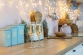 Two glasses of champagne on a kitchen. Christmas New year background and decoration