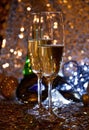Two glasses of champagne at New Year`s Eve party golden shiny background stock images Royalty Free Stock Photo