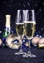 Two glasses of champagne at New Year`s Eve party stock images Royalty Free Stock Photo