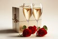 two glasses of champagne, red roses and heart shape gift box on light pastel color background Royalty Free Stock Photo