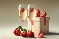 Two glasses of champagne, red roses and heart shape gift box on light pastel color background Royalty Free Stock Photo