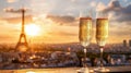 two glasses of champagne at rooftop restaurant with view of Eiffel Tower and Paris skyline