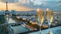 two glasses of champagne at rooftop restaurant with view of Eiffel Tower and Paris skyline