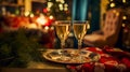 Two glasses of Champagne sparkle in the soft glow of Christmas lights, festive mood, cozy room. AI-generated image