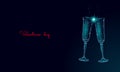 Two glasses of champagne with sparkles. Low poly polygonal blue glowing toasting romantic love date. Heart shape tender