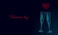 Two glasses of champagne with sparkles. Low poly polygonal blue glowing toasting romantic love date. Heart shape tender