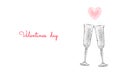 Two glasses of champagne with sparkles. Low poly polygonal white 3D toasting romantic love date. Heart shape tender