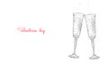 Two glasses of champagne with sparkles. Low poly polygonal white 3D toasting romantic love date. Heart shape tender