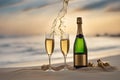 Two glasses of champagne or sparkling wine, a bottle of champagne served on a white sandy tropical beach with dunes and blue ocean Royalty Free Stock Photo