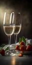 Two glasses of champagne with strawberries on a black table, shot in low key. Romantic dinner atmosphere with sparkling wine and Royalty Free Stock Photo