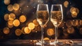 Two glasses of champagne on the table against the background of New Year\'s lights. Generative AI. Royalty Free Stock Photo