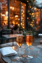 Two glasses of champagne on a table with romantic evening restaurant ambiance. Royalty Free Stock Photo