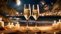 Two glasses of champagne toasting at New Year\'s party celebration on the beach. Ai Generative. Royalty Free Stock Photo