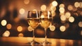 Two glasses of champagne toasting in the nigh with lights bokeh, glitter and sparks on the background Royalty Free Stock Photo