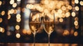 Two glasses of champagne toasting in the nigh with lights bokeh, glitter and sparks on the background Royalty Free Stock Photo