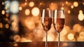 Two glasses of champagne toasting in the nigh with lights bokeh, glitter and sparks on the background Royalty Free Stock Photo