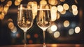 Two glasses of champagne toasting in the nigh with lights bokeh, glitter and sparks on the background Royalty Free Stock Photo