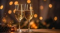 Two glasses of champagne toasting in the nigh with lights bokeh, glitter and sparks on the background. Celebration New Year. Royalty Free Stock Photo