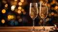 Two glasses of champagne toasting in the nigh with lights bokeh, glitter and sparks on the background. Celebration New Year. Royalty Free Stock Photo