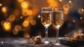 Two glasses of champagne toasting in the nigh with lights bokeh, glitter and sparks on the background. Celebration New Year. Royalty Free Stock Photo