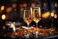 Two glasses of champagne toasting in the nigh with lights bokeh, glitter and sparks on the background Royalty Free Stock Photo