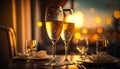 Two glasses of champagne, toasting at night with bokeh lights Royalty Free Stock Photo