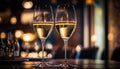 Two glasses of champagne, toasting at night with bokeh lights Royalty Free Stock Photo