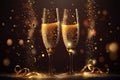 Two glasses of champagne, toasting at night with bokeh lights Royalty Free Stock Photo