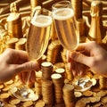 Two glasses of champagne toasting over pile of gold coins Royalty Free Stock Photo