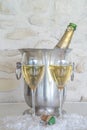 Celebration concept: two glasses of champagne and vintage bottle in the bucket Royalty Free Stock Photo