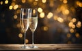 Two glasses of champagne with bokeh at the background, New Years Eve party concept. Copy space at