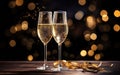 Two glasses of champagne with warm gold bokeh, New Years Eve. Copy space