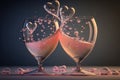 two glasses of champaign with pink hearts
