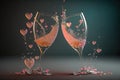 two glasses of champaign with pink hearts