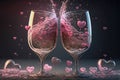 two glasses of champaign with pink hearts