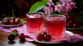 Two glasses of cherry compote and cherries on the wooden table