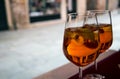 Two glasses of cocktail aperol spritz on a table Royalty Free Stock Photo