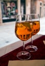 Two glasses of cocktail aperol spritz on a table Royalty Free Stock Photo