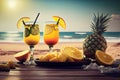 Two glasses of cocktails or juice placed on table at the beach. Summer abstract holiday vacation background Royalty Free Stock Photo